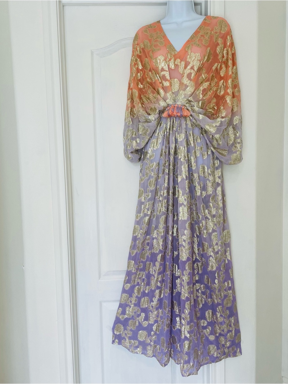 Miss June Paris metallic gold floral Ombré Peach Purple Maxi Dress NWT Marley - Picture 2 of 15